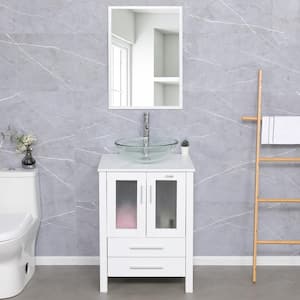 24 in. W x 20 in. D x 32 in. H Single Sink Bath Vanity in White with Clear Vessel Sink Top Chrome Faucet and Mirror