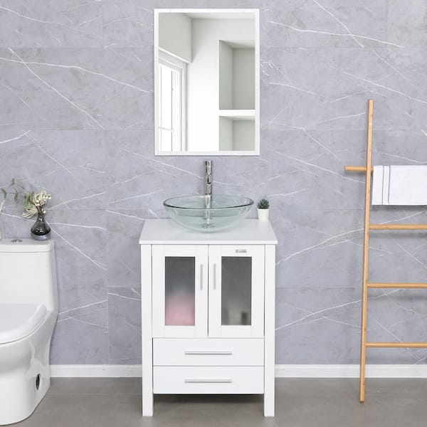 eclife 24 in. W x 20 in. D x 32 in. H Single Sink Bath Vanity in White with Clear Vessel Sink Top Chrome Faucet and Mirror