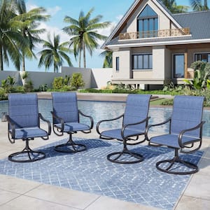Black Swivel Padded Blue Textilene Metal Outdoor Dining Chair with Curve Arms Set of 4