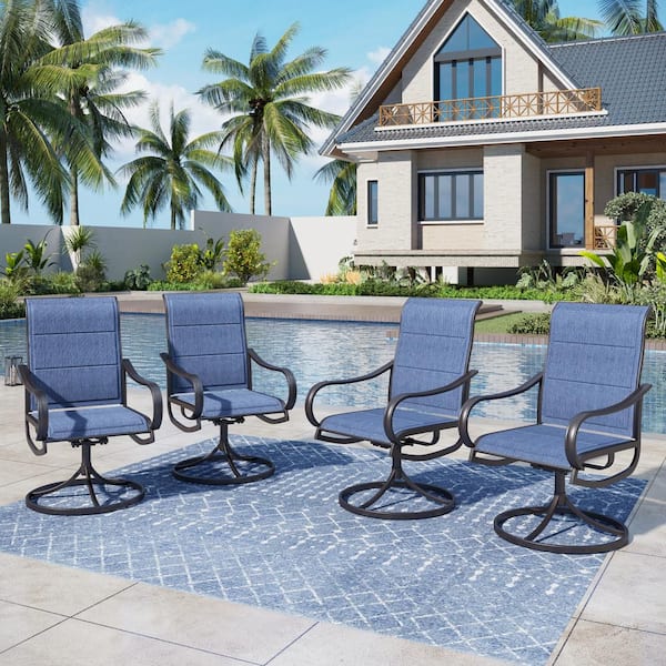 PHI VILLA Black Swivel Padded Blue Textilene Metal Outdoor Dining Chair with Curve Arms Set of 4