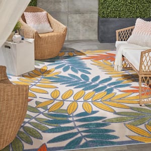 Aloha Ivory/Multi 8 ft. x 10 ft. Floral Modern Indoor/Outdoor Patio Area Rug