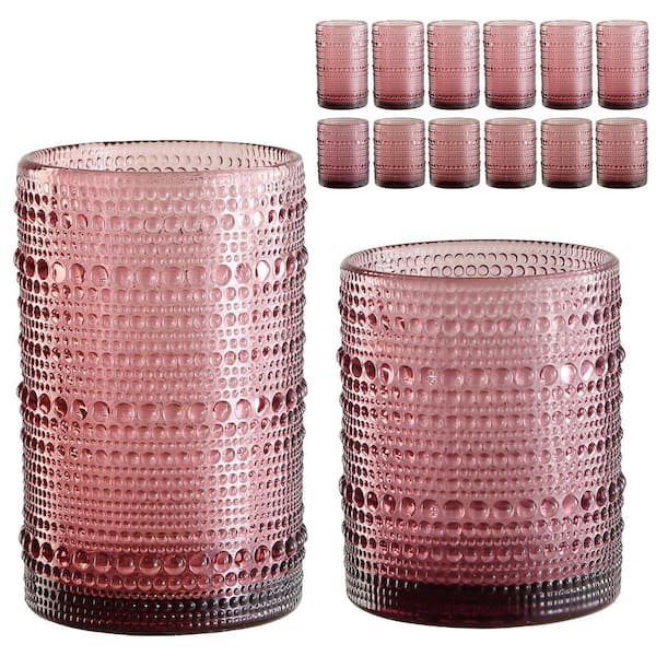 12-Piece Purple 12 oz. & 15 oz. Hobnail Glass Cups w/ 1 Cleaning Brush Embossed Water Tumbler for Beer Cocktail Whiskey