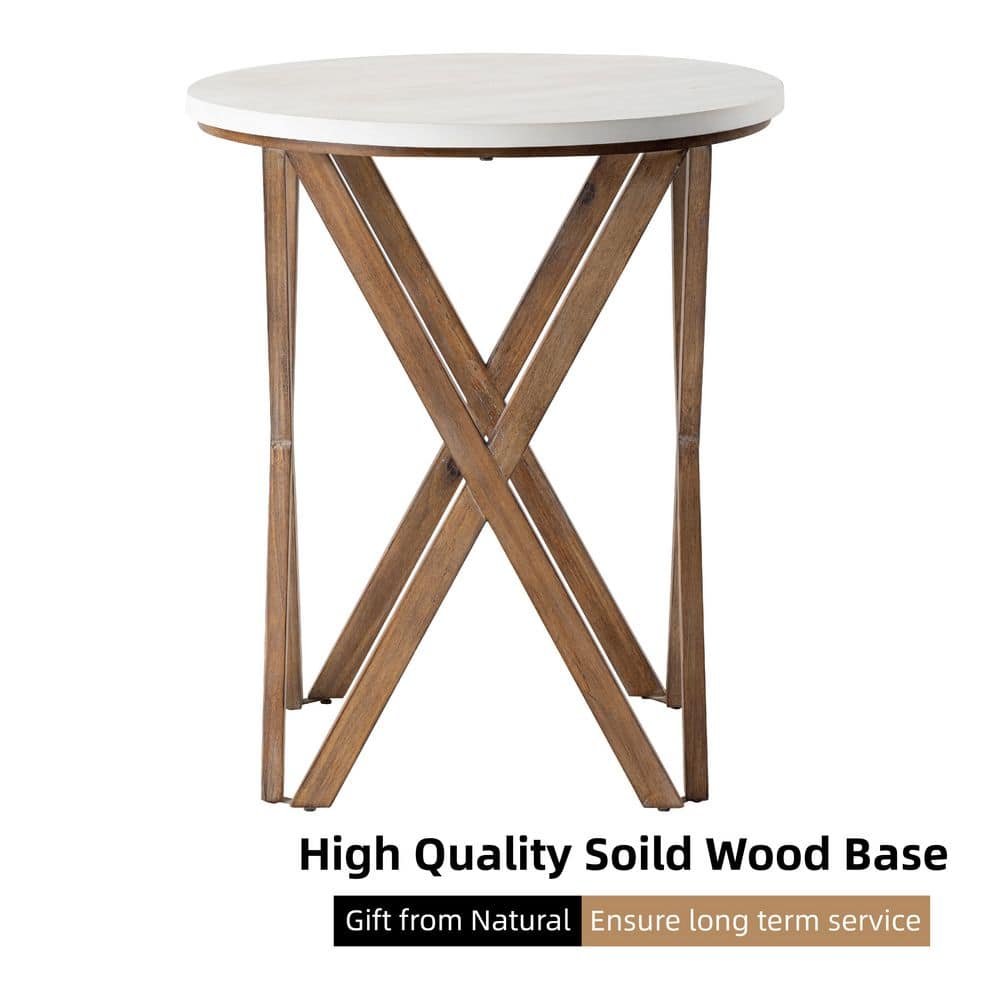 Round Distressed White and Natural Wood Pedestal End Table