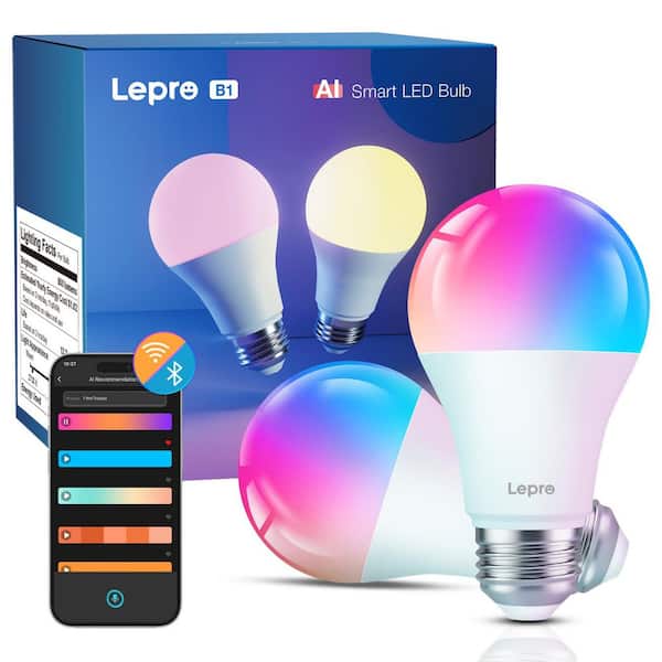 60-Watt Equivalent A19 2.4G WiFi Color Changing A-Shape AI Smart LED Light Bulb powered by Lepro with Bluetooth (2-Pack)