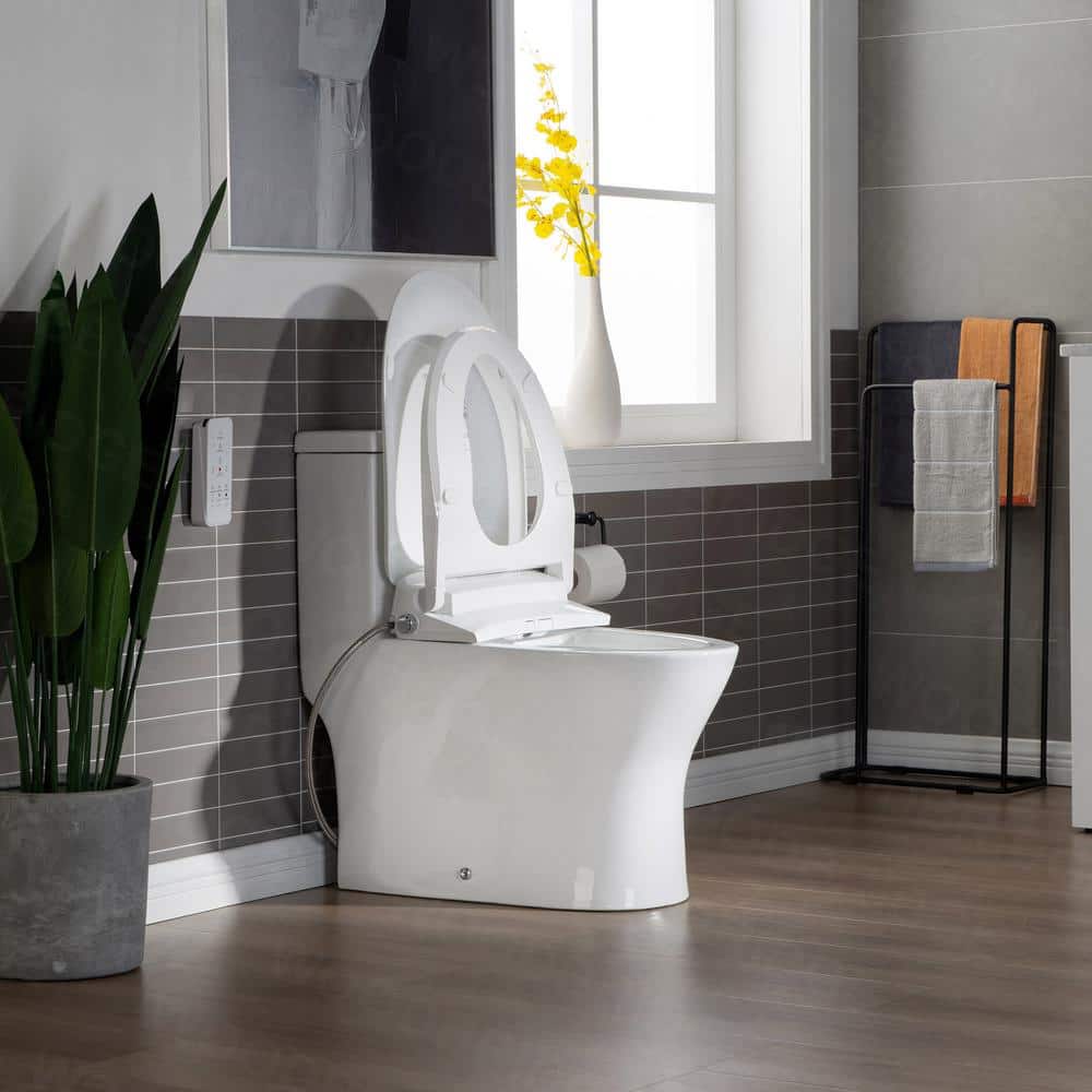 White Porcelain Elongated One-Piece Dual Flush Toilet with Smart Bidet