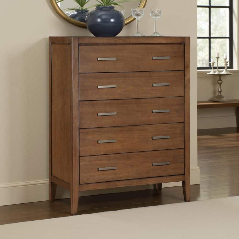 【DRAWER】ブラウン長袖カットソー Benjara Evi Brushed Rich Brown 5 Drawer 36 in. Wide Chest of