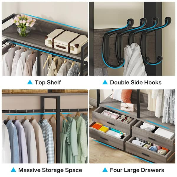 Carmalita Gray Black Wood 47.2 in. W Armoire Clothes Rack Closet Organizer Rod Garment Shelves 4 Drawers 8 Hooks