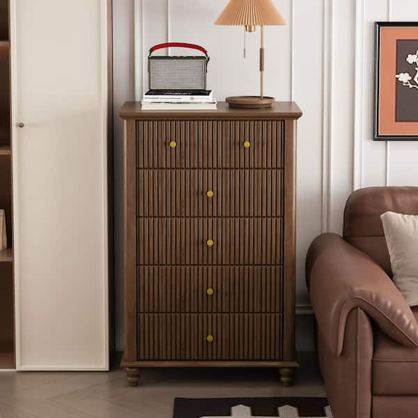 Harmon Modern Walnut Fluted 5 drawer 29.53 in. Wide Chest of Drawers with Metal Handles