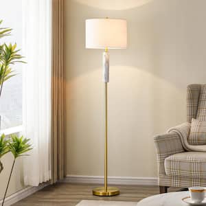 63.75 in. Antique Brass White Faux Marble Standard Floor Lamp with White Shade