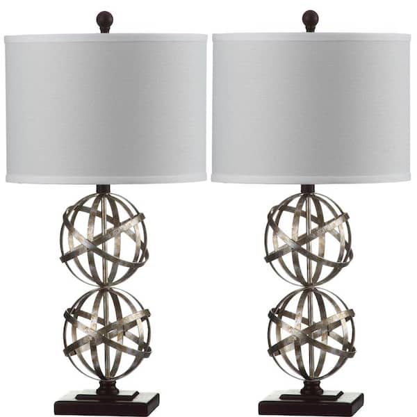 SAFAVIEH Haley Double Sphere 28 in. Antique Silver Table Lamp with Off-White Shade (Set of 2)