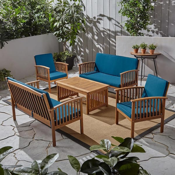 Noble House Carolina Brown Patina 5-Piece Wood Conversation Seating Set with Dark Teal Cushions