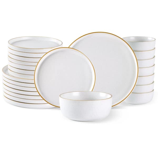 Stoneware Dinnerware Sets for 8: Reactive Plates and Bowls, 24pc, Chip Resistant, Dishwasher Safe Round