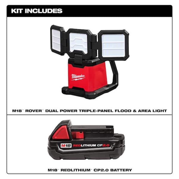 M18 18-Volt Lith-Ion Cordless 4500 Lumens ROVER Dual Power Triple-Panel Flood & Area Light with 2.0 Ah Compact Battery