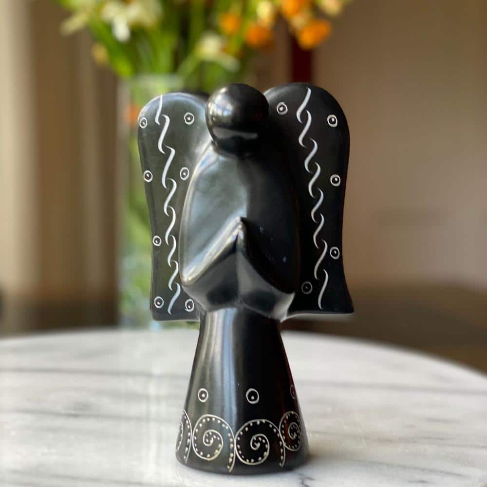 Black Angel Soapstone Sculpture with Etch Design