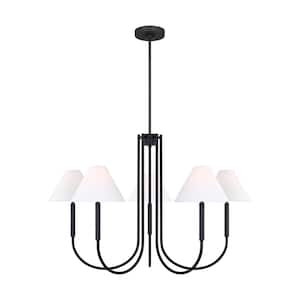 Porteau 6-Light Midnight Black Large Chandelier with White Linen Fabric Shades