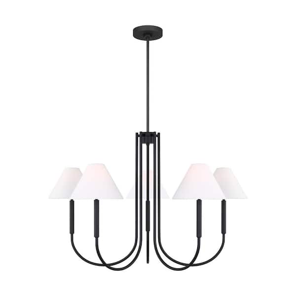 SCOTT LIVING Porteau 6-Light Midnight Black Large Chandelier with White Linen Fabric Shades