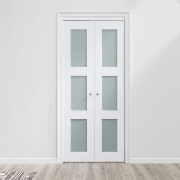 ARK DESIGN 57 in. x 80 in. Frosted Glass Solid Core MDF Bi-fold Door Plus French Style Pivot Hardware (3-Lite White Finish)