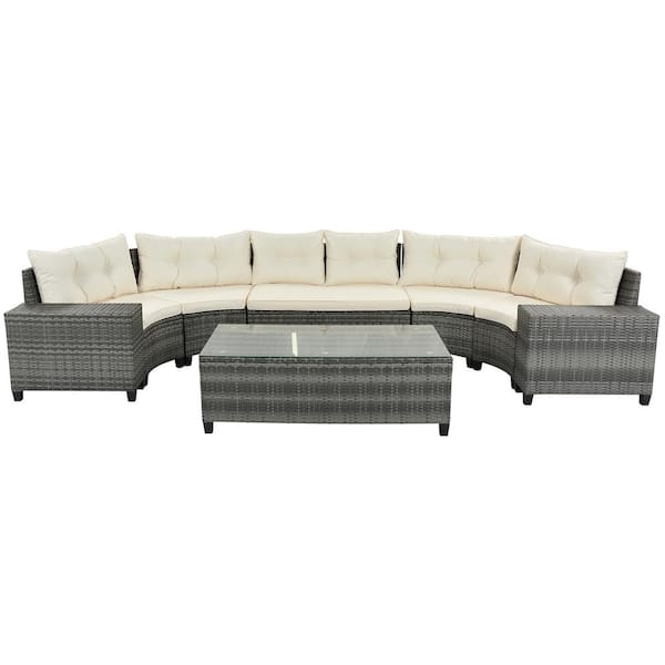 Angel Sar 8-Piece Wicker Half-Moon Outdoor Sofa Sectional Set with Rectangular Coffee Table and Beige Cushions