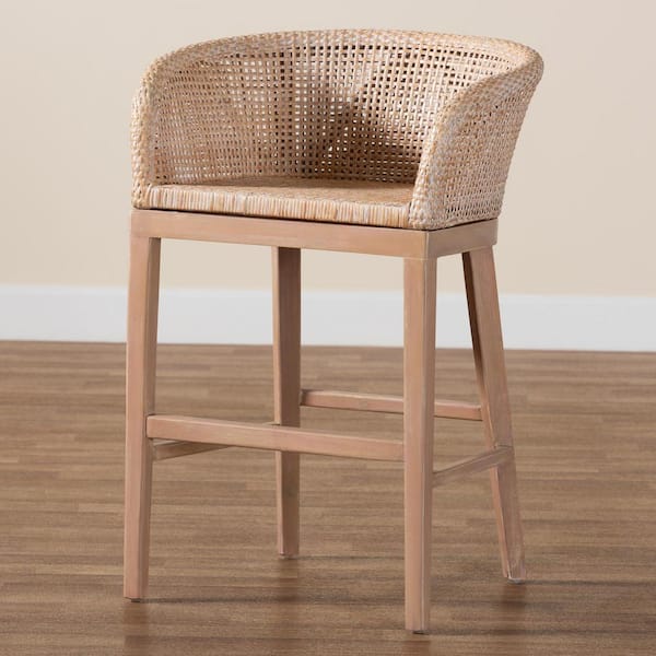 Papua 24.4 in. Antique White Rattan and Wood Counter Stool