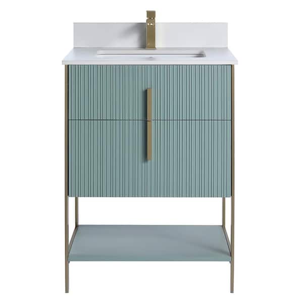 FINE FIXTURES 24 in. W x 18 in. D x 33.5 in. H Bath Vanity in Mint Green with White Sintered Stone Top in with Satin Brass Hardware
