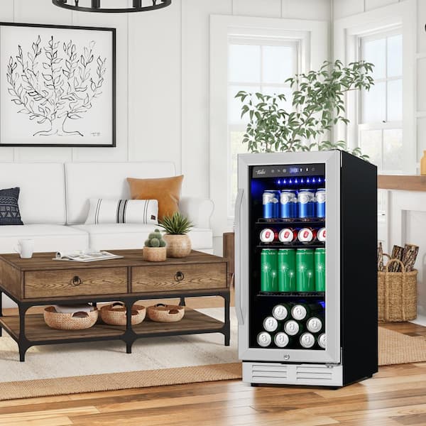 Costway - 15 inch Beverage Cooler Refrigerator 100 Can Built-in or Freestanding Wine Fridge with LED Lights and Adjustable Shelf - FP10126US-SL