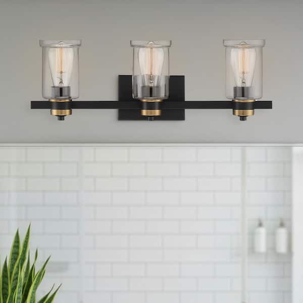 Cordelia Lighting 23 in. 3-Light Black Industrial Vanity Light with Clear Glass Shades