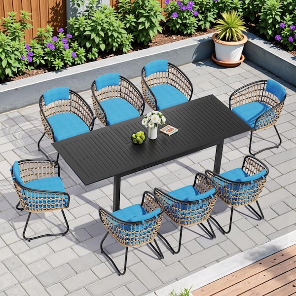 Blue 9-Piece Metal 94.5 in. Outdoor Dining Set with Rattan Chairs and Cushions