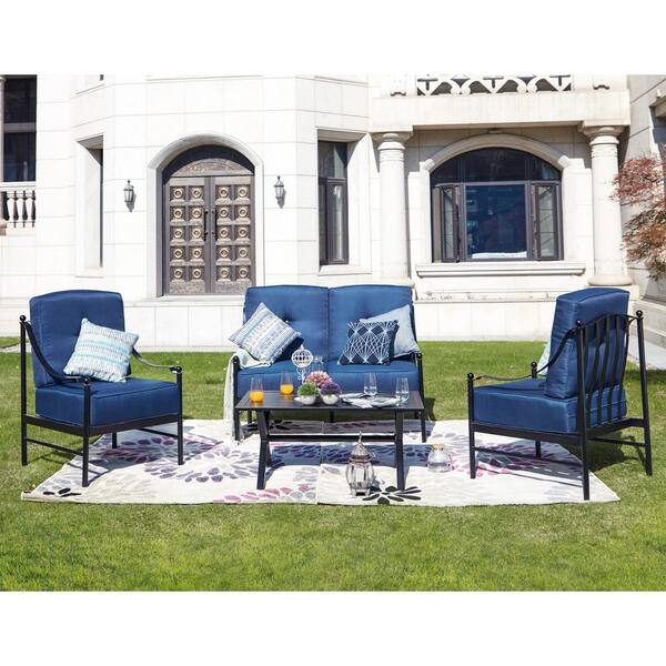 Patio Festival 4-Piece Metal Patio Deep Seating Set with Blue Cushions