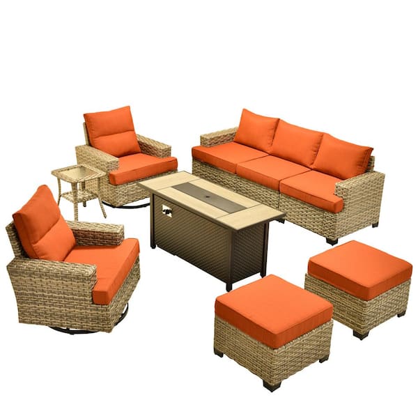 Torino Gray 9-Piece Wicker Outdoor Patio Conversation Deep Sofa Seating Set with Metal Fire Pit and Orange Red Cushions
