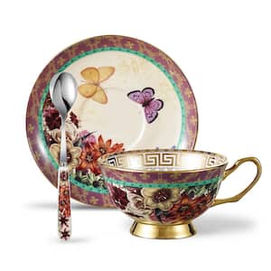 6.7 oz. Cups and Saucers Sets with Spoons Butterflies Flowers Patterned Multicolors 3-Pieces Set Tea Cup Porcelain Mugs