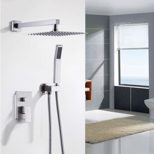 Single Handle 1-Spray Dual Wall Mount 12 in. Fixed and Handheld Shower Head 1.8 GPM with Valve in Brushed Nickel