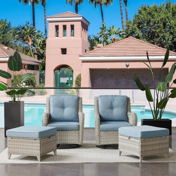 ArcoBay 4-Piece Light Beige Wicker Outdoor Rocking Chair Patio Swivel Chairs with Baby Blue Cushions and Ottomans