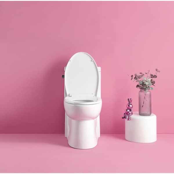 12 in. Rough 1-Piece 1.28 GPF Single-Flush Bathroom Elongated Toilet in Glossy White Seat Included