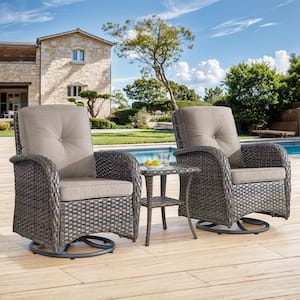 Brown 3-Piece Wicker Outdoor Rocking Chair Patio Conversation Set with Gray Cushions and Side Table