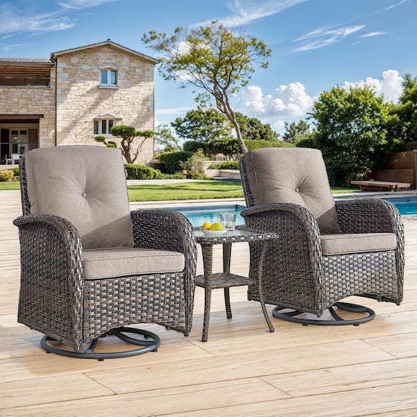 SleekArm 4-Piece Brown Wicker Patio Conversation Set with Olefin Gray Cushion and Outdoor Swivel Glider Chairs