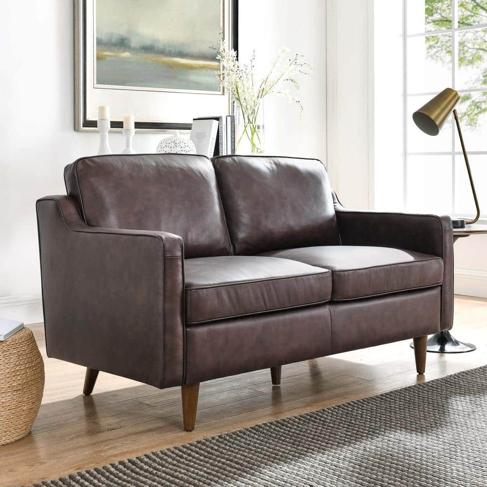 Mid-Century Genuine Leather Brown Loveseat with Walnut Legs