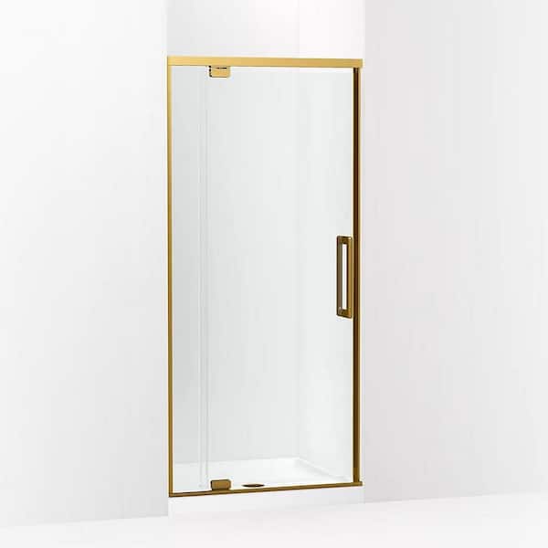 Statement 36 in. W x 76 in. H Pivot Framed Shower Door in Brass Finish with Clear Glass