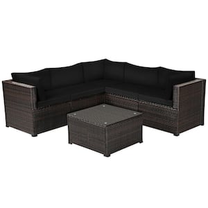 6-Piece Wicker Patio Conversation Set with Black Cushions