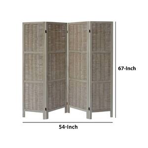 5.5 ft. Antique White 4-Panel Foldable Wooden Room Divider Privacy Screen with Willow Weaved Design