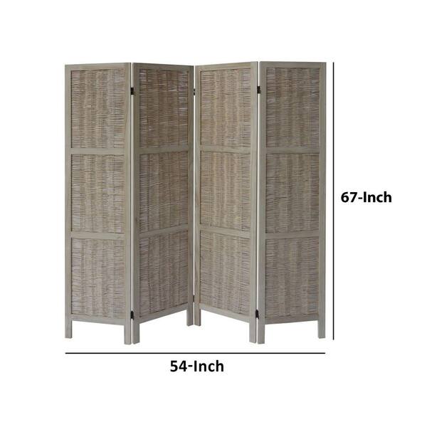 4 Panel Foldable Wooden Divider Privacy Screen with Willow Weaved Design Antique White