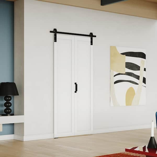36 in. x 84 in. White, 1-Panel Finished, Paneled MDF, Bi-Fold Style Sliding Barn Door with Hardware Kit