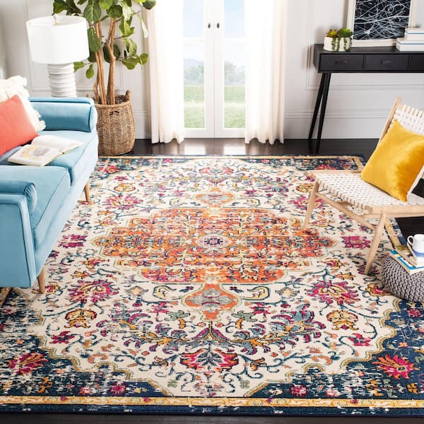 Madison Ivory/Orange 12 ft. x 18 ft. Border Geometric Floral Medallion Area Rug