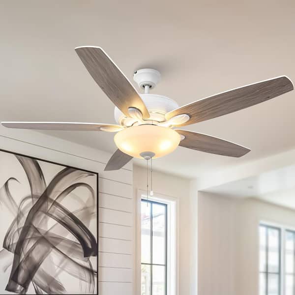 IHOMEadore 52 in. Indoor Satin White 3-Light Downrod or Flush Mount Ceiling Fan with Lights, Pull Chains and 5 Reversible Blades