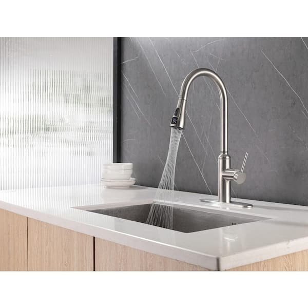 1-Handle 19 in. H Pull Down Sprayer Kitchen Faucet 2-Spray Stainless Steel Fixed Sink Faucet w Digital Display in Silver