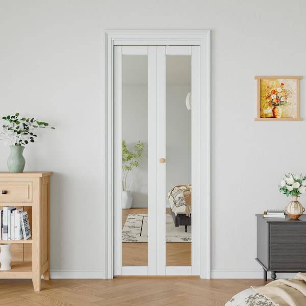 30 in. x 80 in. 1 Lite Mirrored Glass Solid Core Composite MDF White Primed Bi-fold Door with Hardware