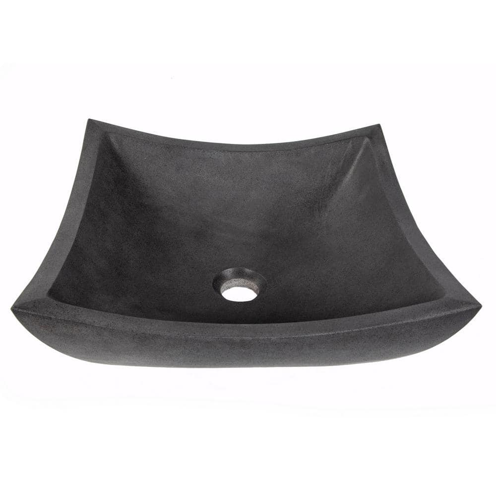 Honed Black Lava Stone Square Vessel Sink, 15.5"