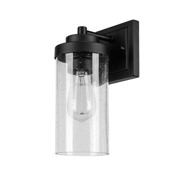 Globe Electric Axel Matte Black Minimalist Indoor/Outdoor 1-Light Wall Sconce  with Seeded Glass Shade