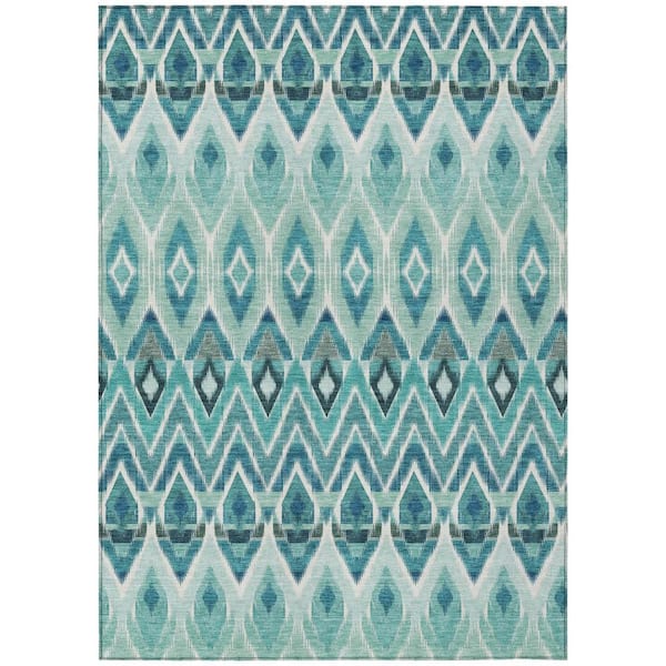 Teal Blue, Aqua, Mint Green 10 ft. x 14 ft. Woven Oriental Polyester Rectangle Indoor/Outdoor Area Rug