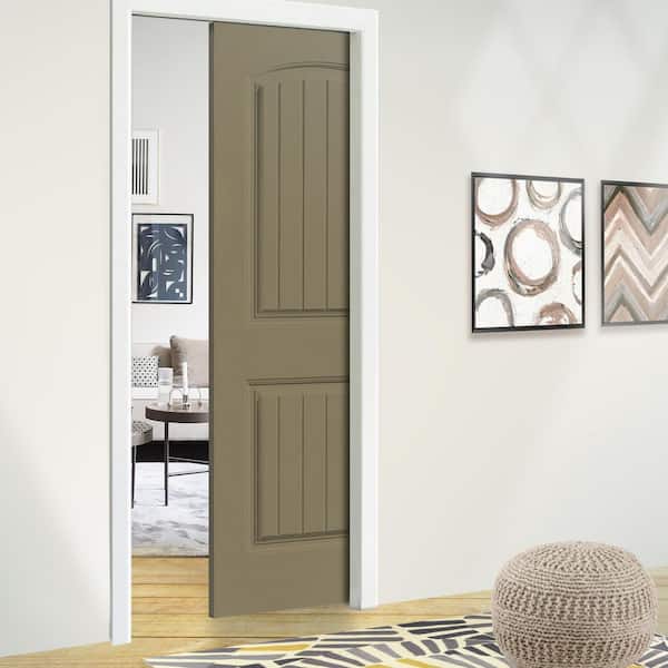 36 in. x 80 in. Olive Green Painted Composite MDF 2Panel Camber Top Sliding Door with Pocket Door Frame and Hardware Kit