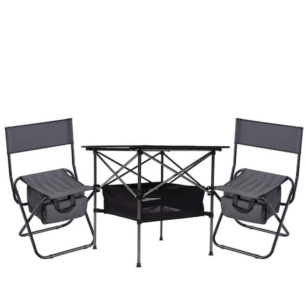 Otryad Folding Outdoor Table and Chairs Set for Indoor, Outdoor Camping, Picnics, Beach, Backyard, BBQ-Black/Gray (Set of 3)